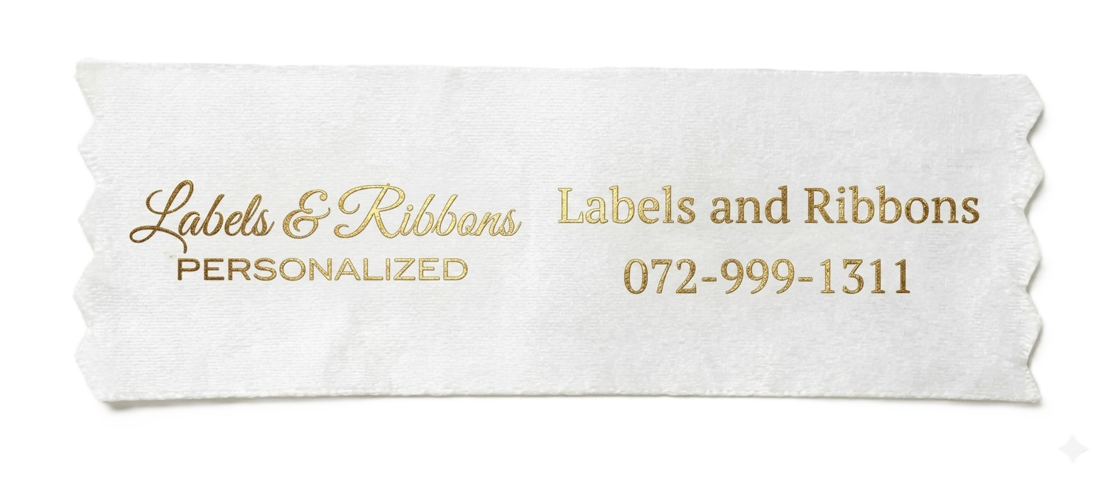 Tailors Custom Printed Ribbon with Gold Text at Labels and Ribbons by Sajidah